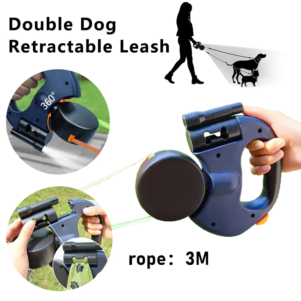 Retractable Dual Doggie Leash with LED Light